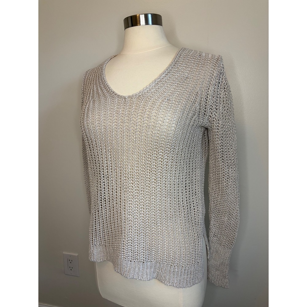 Banana Republic 100% Italian Linen V-Neck Open Knit Sweater Beige Womens  S Chic